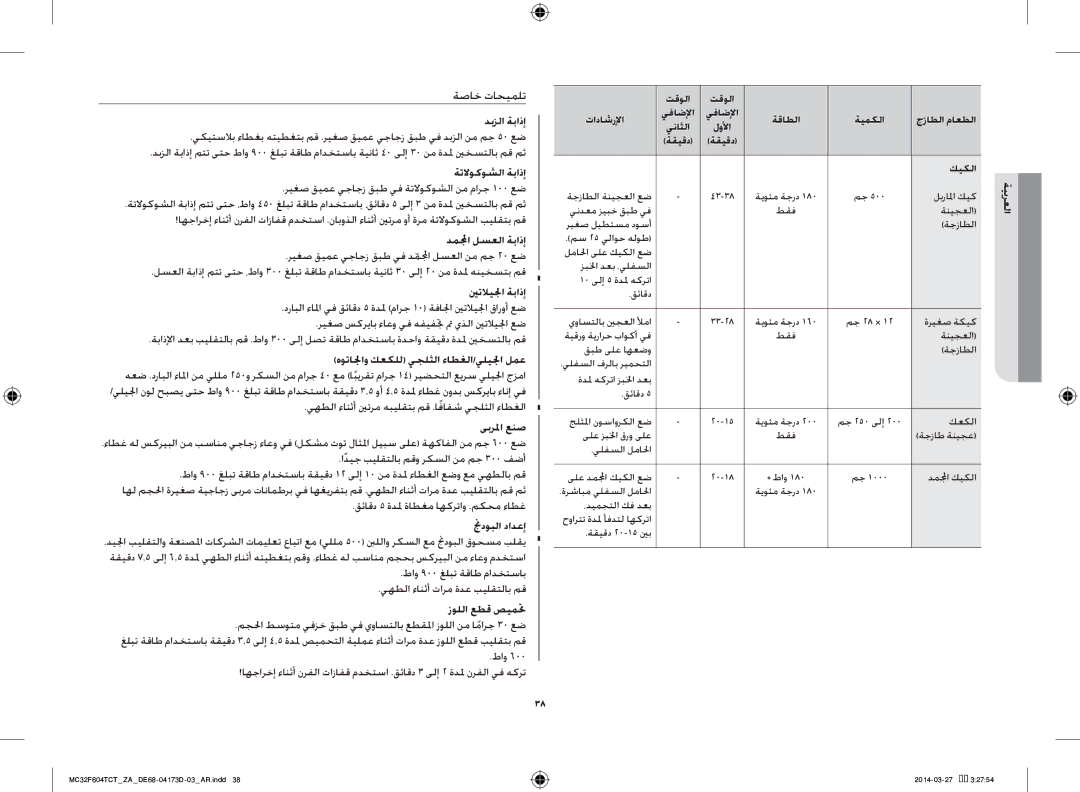 Samsung MC32F604TCT/ZA manual دبزلا ةباذإ, ةتلاوكوشلا ةباذإ, دملمجا لسعلا ةباذإ, ينتلايلجا ةباذإ, ىبرلما عنص, نجدوبلا دادعإ 