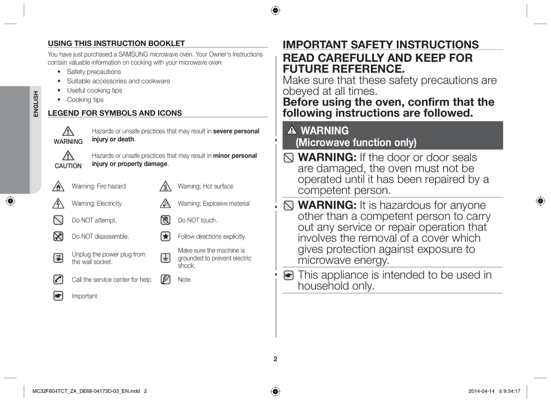 Samsung MC32F604TCT/ZA manual Injury or death 