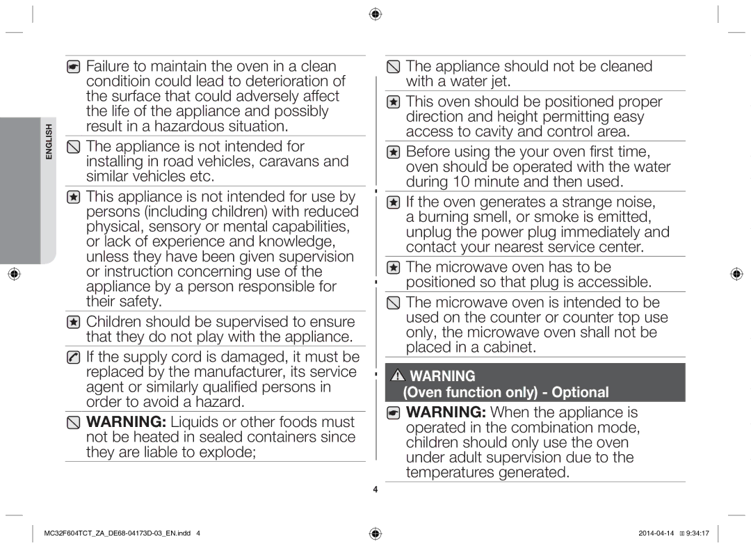 Samsung MC32F604TCT/ZA manual Oven function only Optional 