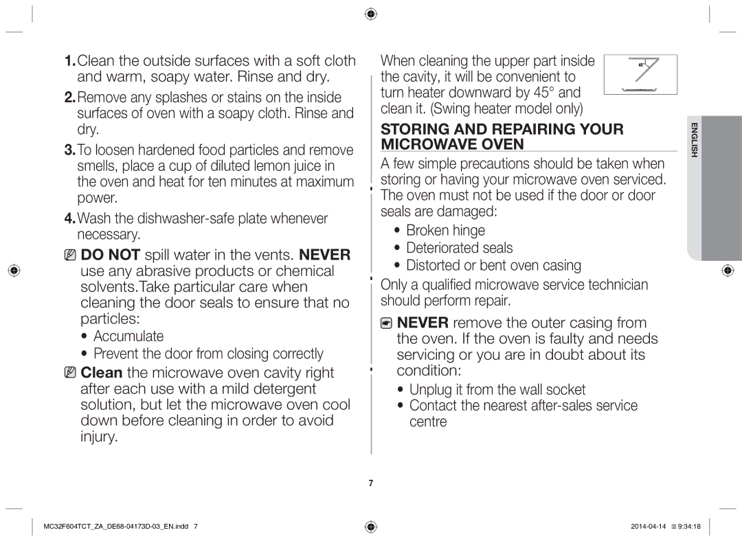 Samsung MC32F604TCT/ZA manual Storing and repairing your microwave oven 