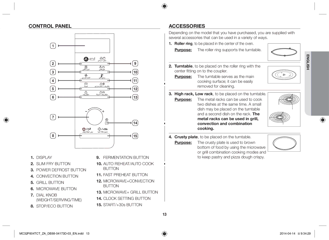 Samsung MC32F604TCT/ZA manual Control panel, Accessories 