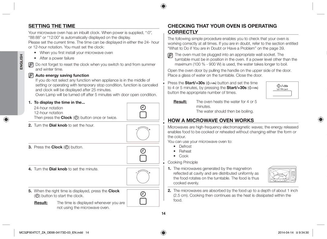 Samsung MC32F604TCT/ZA manual Setting the time, Checking that your oven is operating correctly, How a microwave oven works 