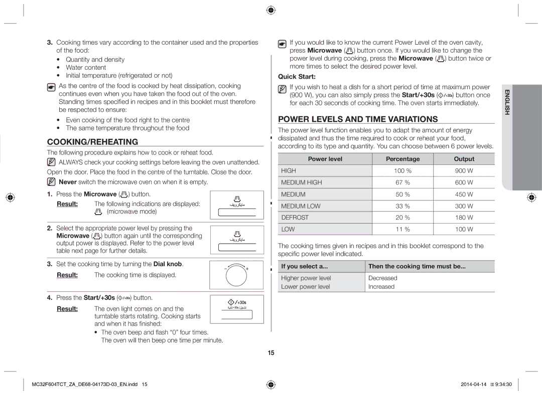 Samsung MC32F604TCT/ZA manual Cooking/Reheating, Power levels and time variations, Quick Start 