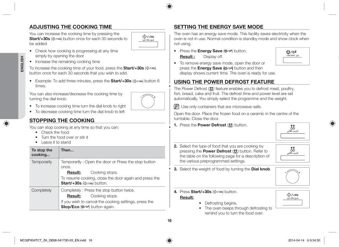 Samsung MC32F604TCT/ZA manual Adjusting the cooking time, Stopping the cooking, Setting the energy save mode 