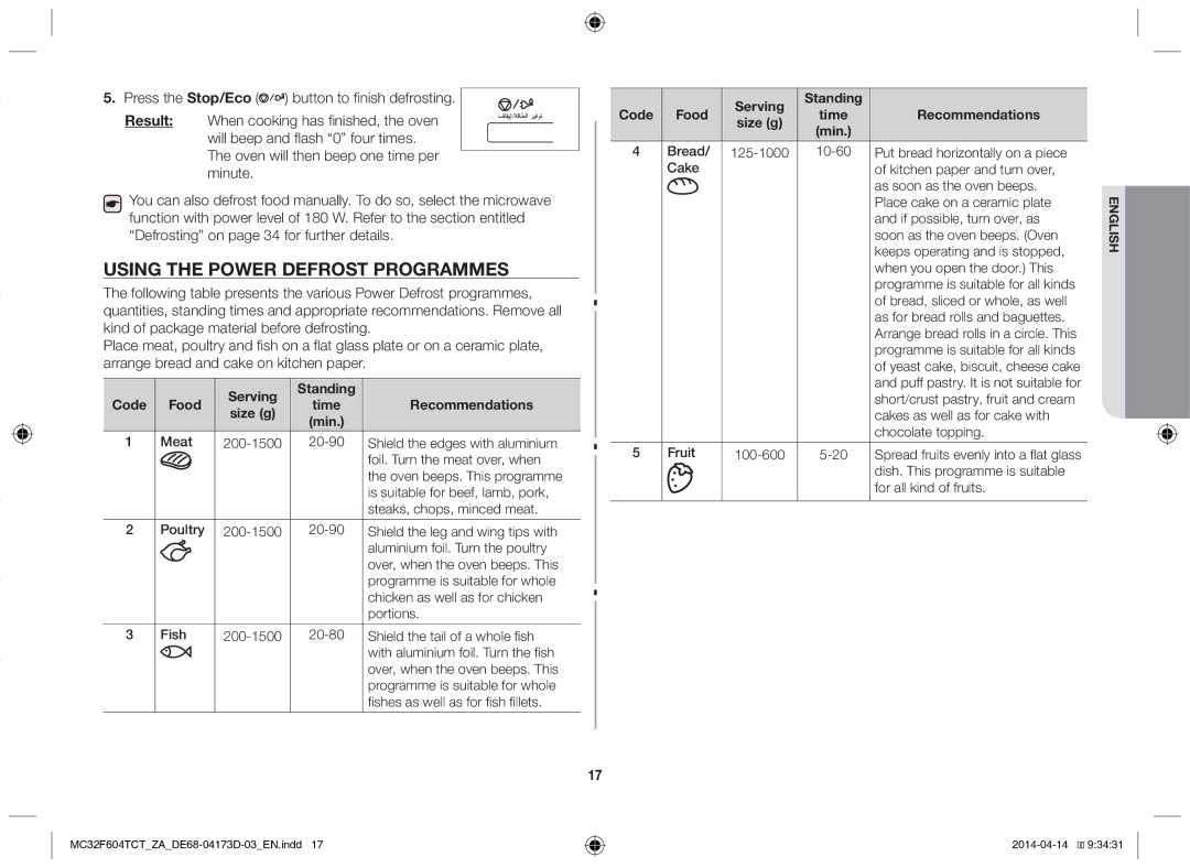 Samsung MC32F604TCT/ZA Using the power defrost programmes, Serving Standing Code Food Time Recommendations, Min, Size g 