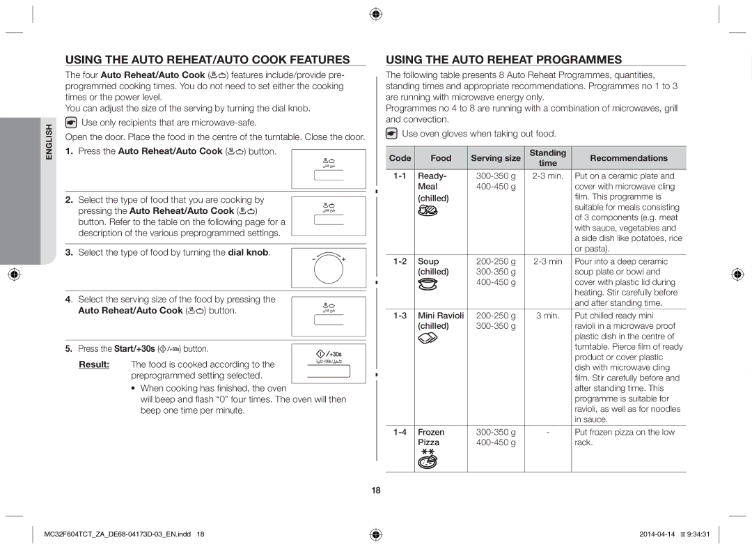 Samsung MC32F604TCT/ZA manual Using the auto reheat/auto cook features, Using the auto reheat programmes 