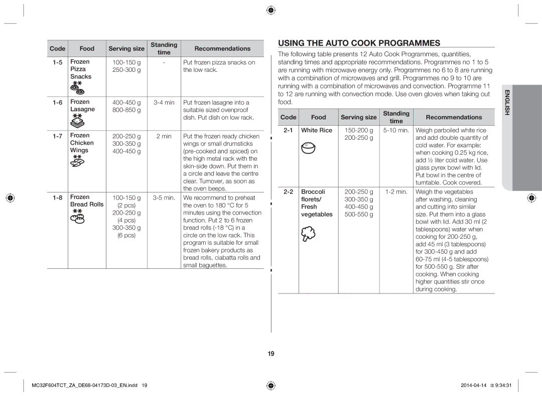 Samsung MC32F604TCT/ZA manual Using the auto cook programmes 