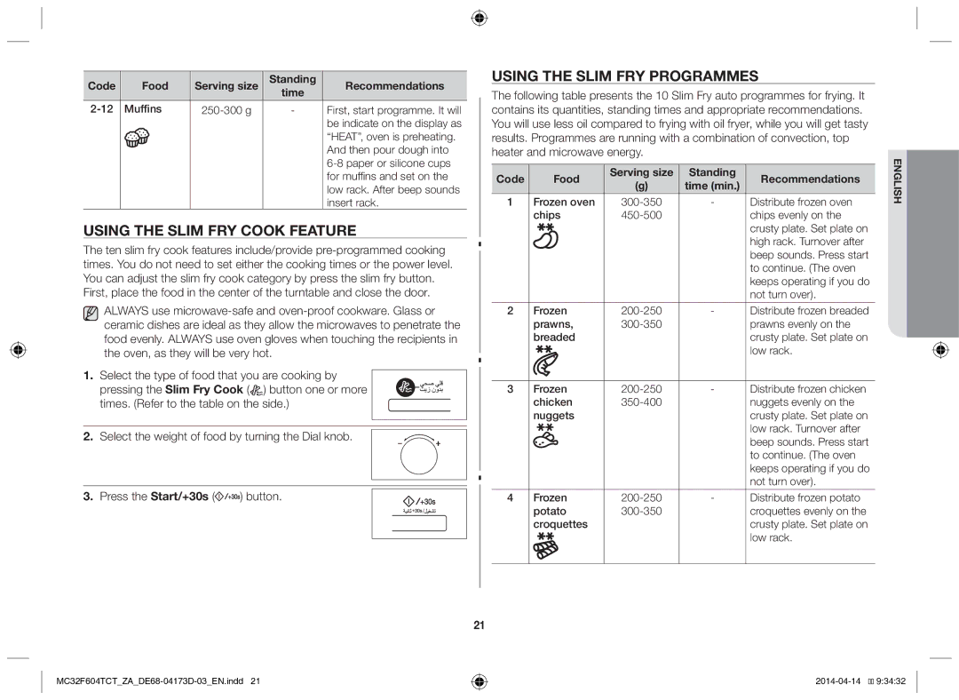 Samsung MC32F604TCT/ZA manual Using the slim fry cook feature, Using the slim fry programmes 
