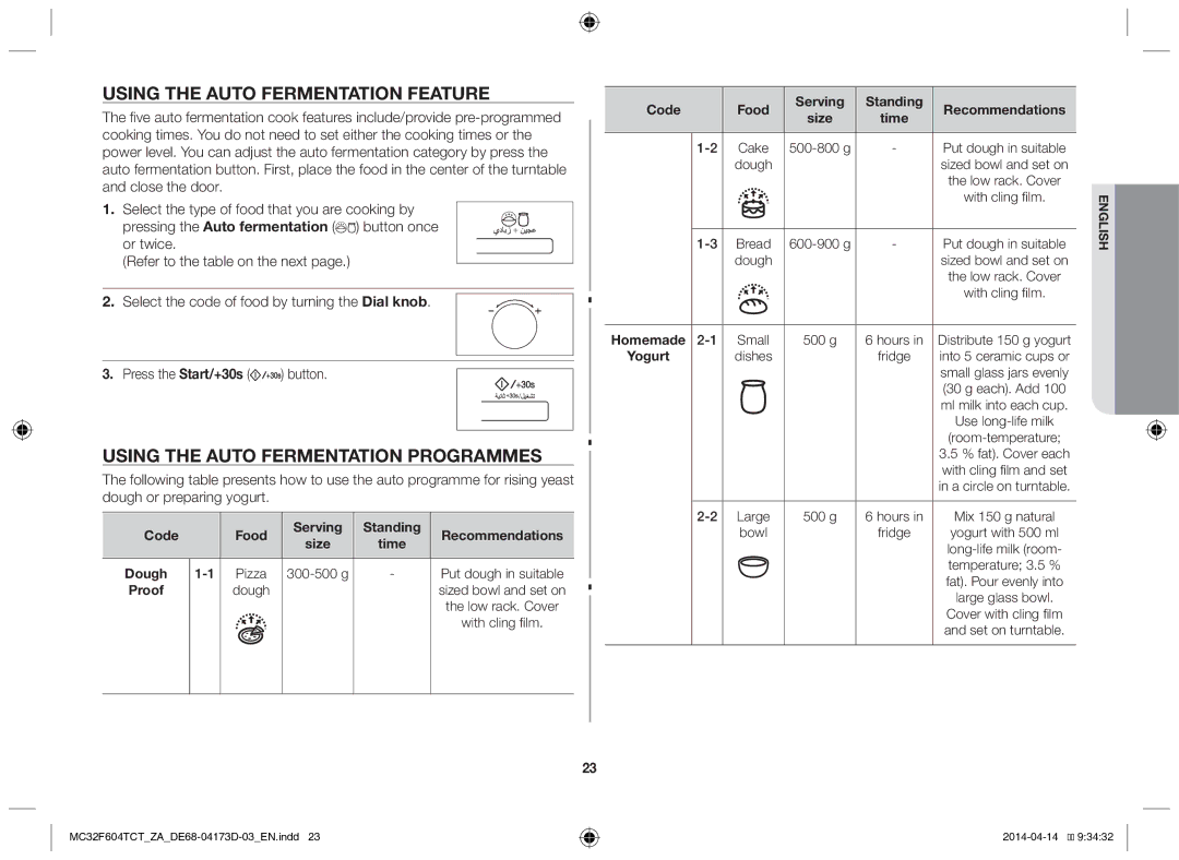 Samsung MC32F604TCT/ZA manual Using the auto fermentation feature, Using the auto fermentation programmes 