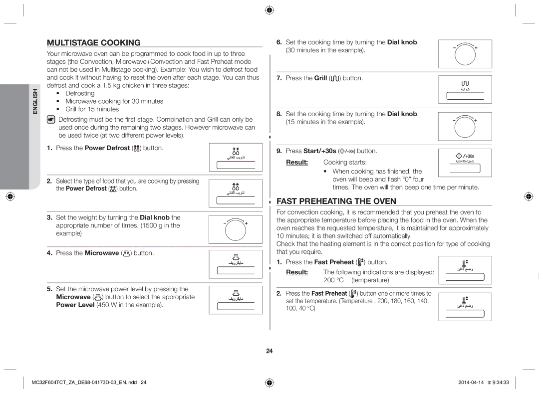 Samsung MC32F604TCT/ZA manual Multistage cooking, Fast preheating the oven, Temperature 