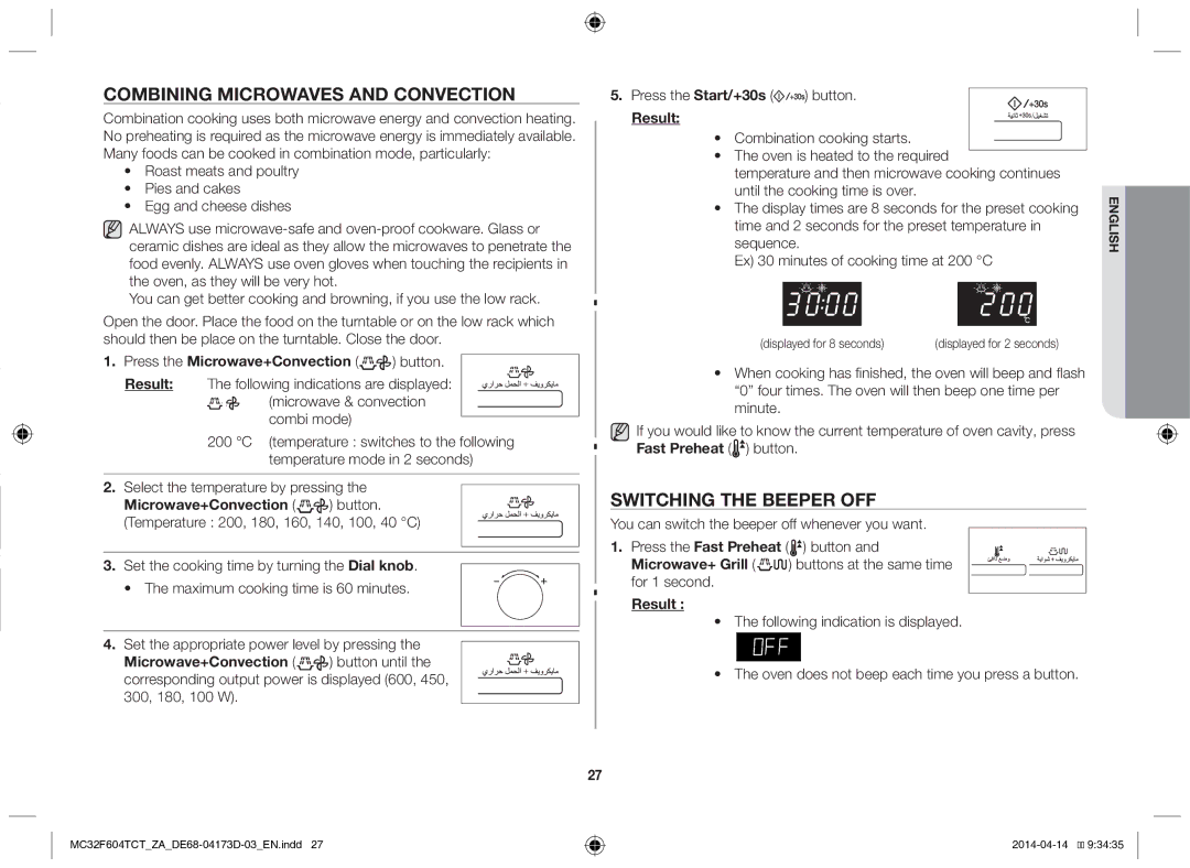 Samsung MC32F604TCT/ZA manual Combining microwaves and convection, Switching the beeper off 