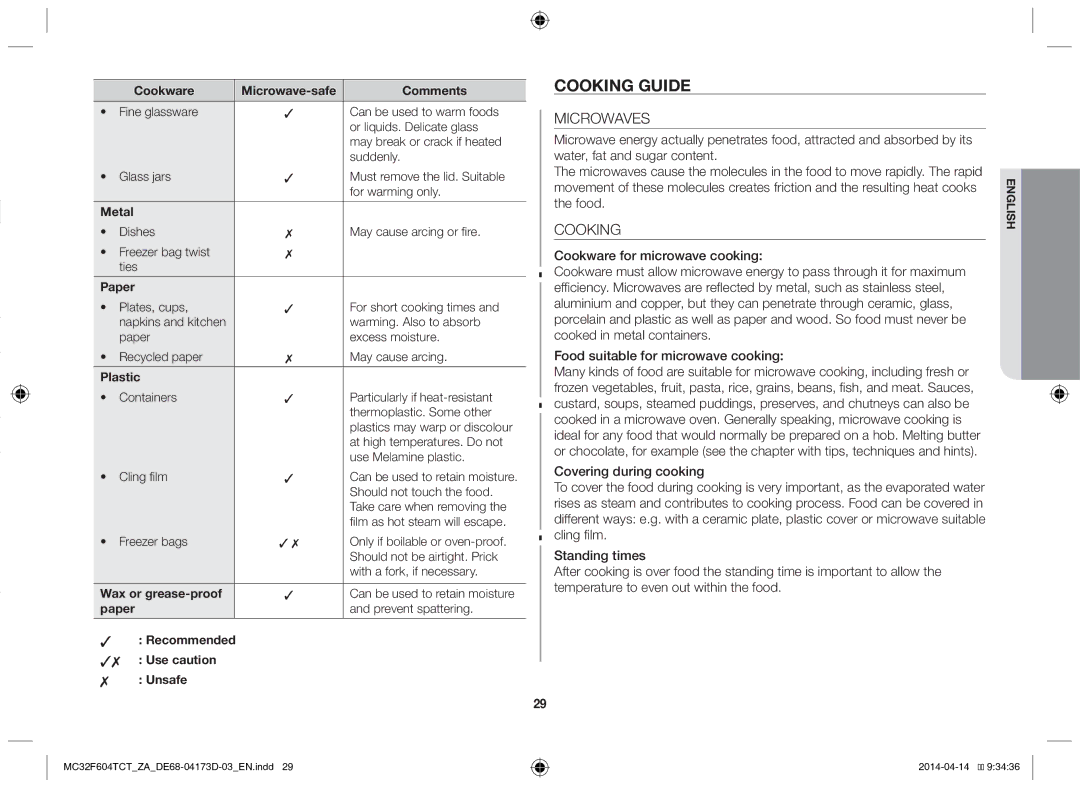 Samsung MC32F604TCT/ZA manual Cooking guide 