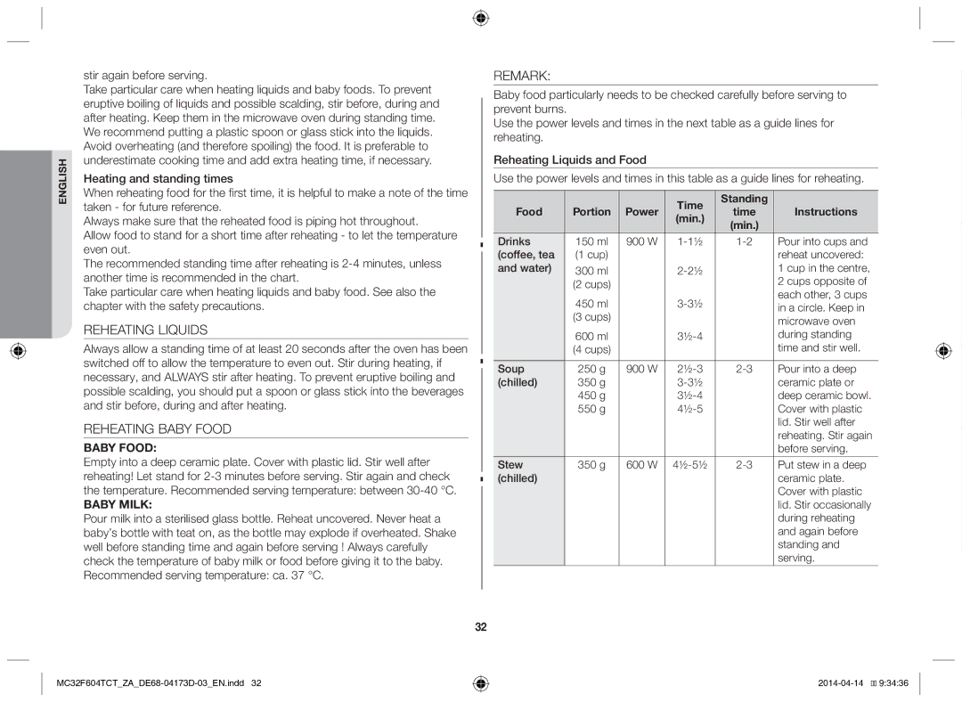 Samsung MC32F604TCT/ZA manual Reheating Liquids, Stir again before serving 