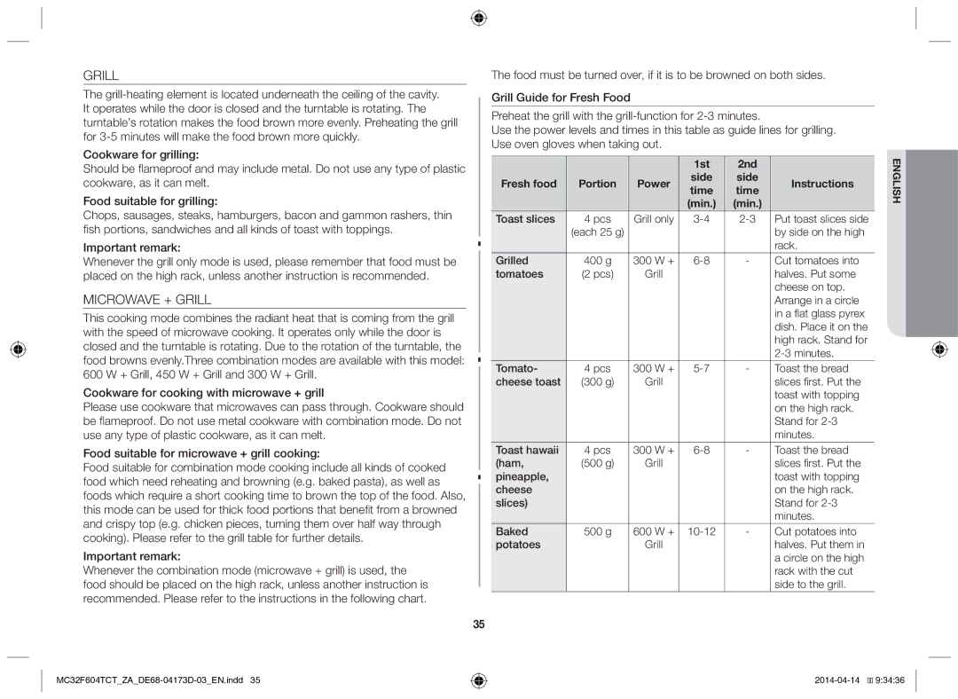 Samsung MC32F604TCT/ZA manual Grill, 1st 2nd Fresh food Portion 