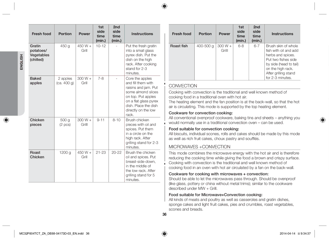 Samsung MC32F604TCT/ZA manual Convection, 1st 2nd Fresh food 
