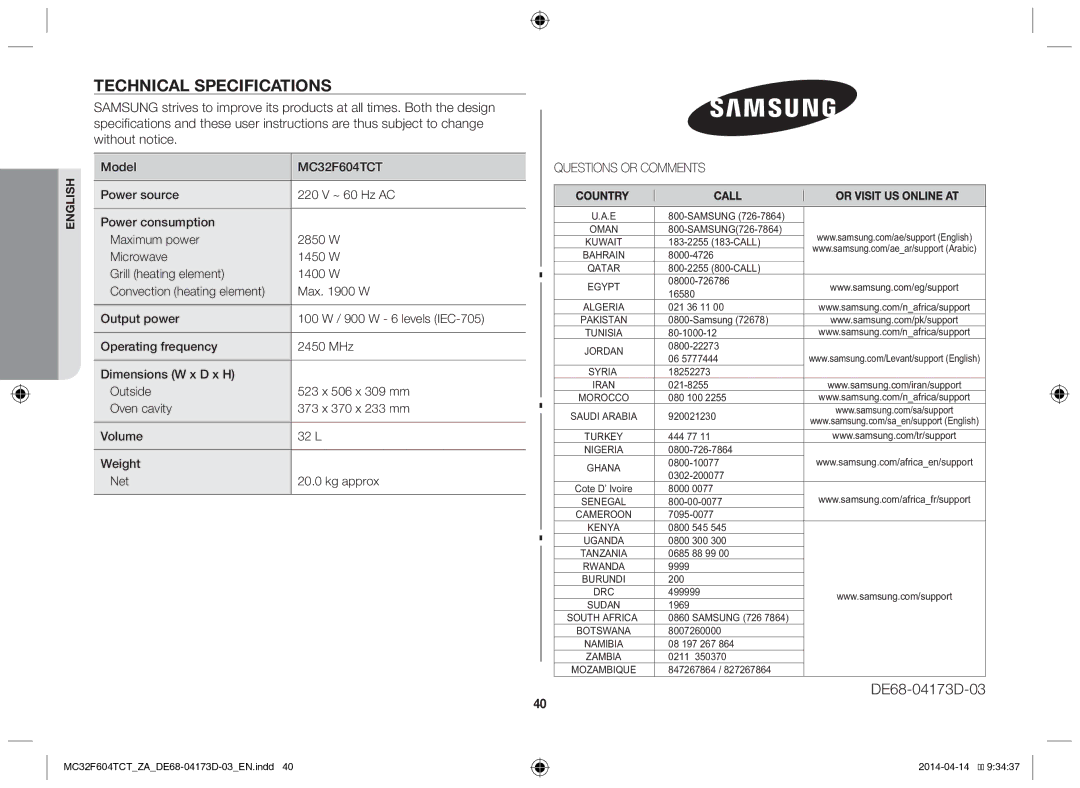 Samsung MC32F604TCT/ZA manual Technical specifications 