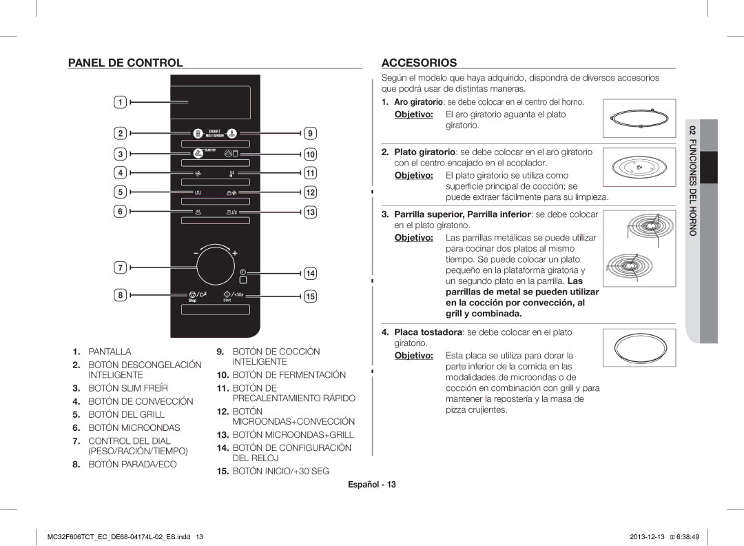 Samsung MC32F606TCT/EC manual Panel DE Control, Accesorios, Objetivo, Parrilla superior, Parrilla inferior se debe colocar 