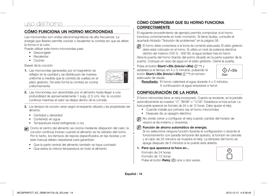 Samsung MC32F606TCT/EC manual Uso del horno, Cómo Funciona UN Horno Microondas, Configuración DE LA Hora 