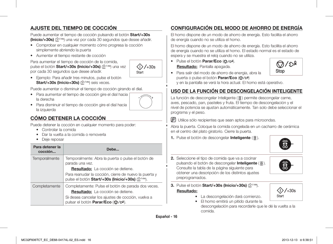 Samsung MC32F606TCT/EC Cómo Detener LA Cocción, USO DE LA Función DE Descongelación Inteligente, Inicio/+30s, Resultado 