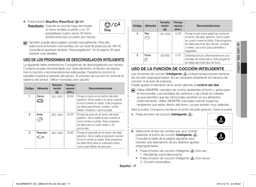 Samsung MC32F606TCT/EC manual USO DE LA Función DE Cocción Inteligente, USO DE LOS Programas DE Descongelación Inteligente 