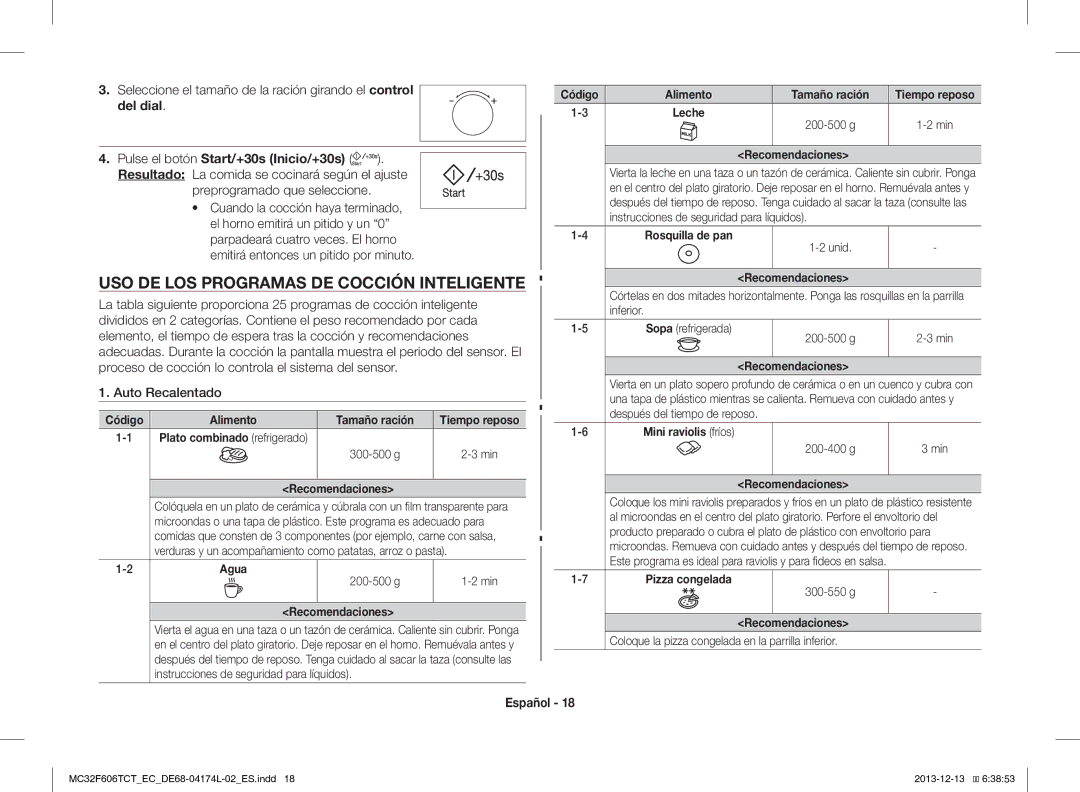 Samsung MC32F606TCT/EC USO DE LOS Programas DE Cocción Inteligente, Seleccione el tamaño de la ración girando el control 