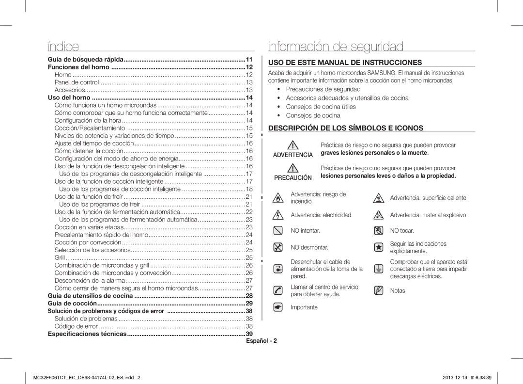 Samsung MC32F606TCT/EC manual Índice Información de seguridad, USO DE Este Manual DE Instrucciones 