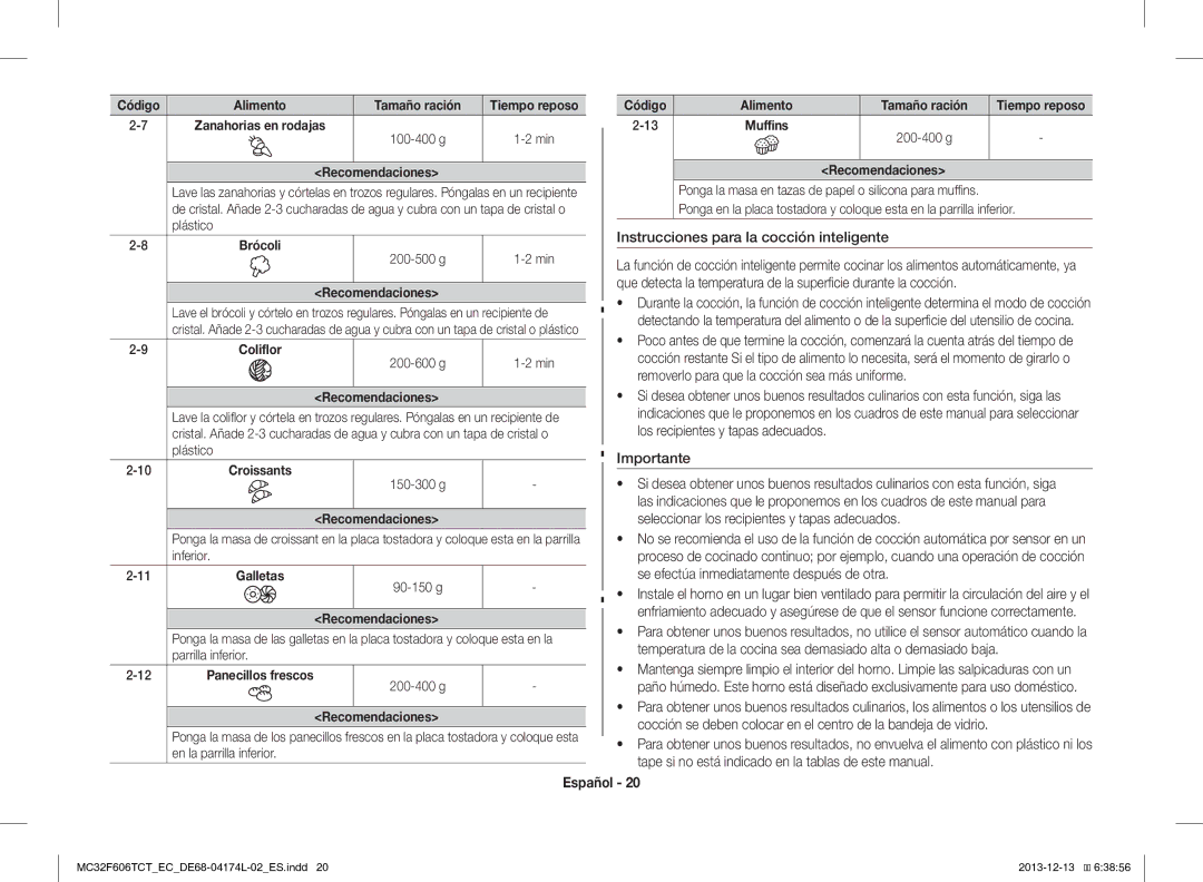 Samsung MC32F606TCT/EC manual Instrucciones para la cocción inteligente, Brócoli, Croissants, Galletas, Panecillos frescos 