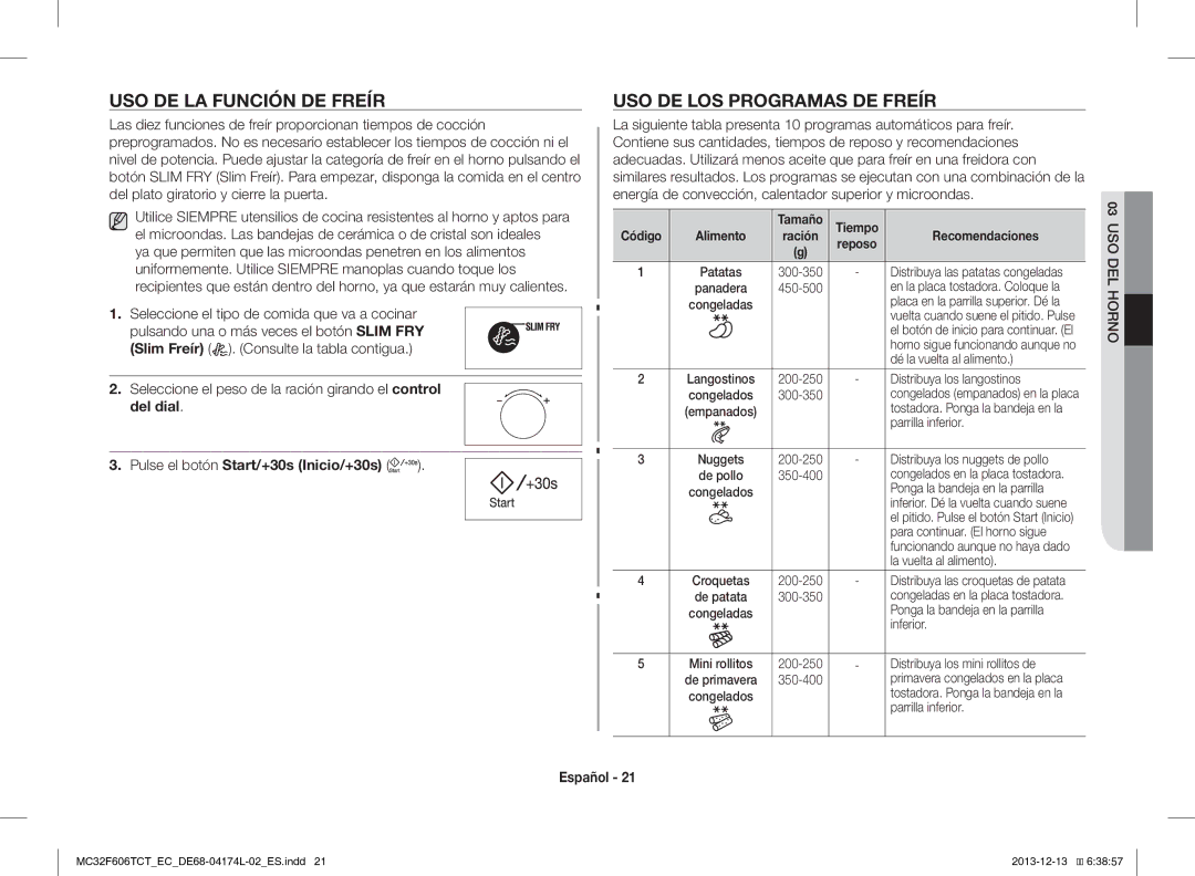 Samsung MC32F606TCT/EC manual USO DE LA Función DE Freír, USO DE LOS Programas DE Freír 