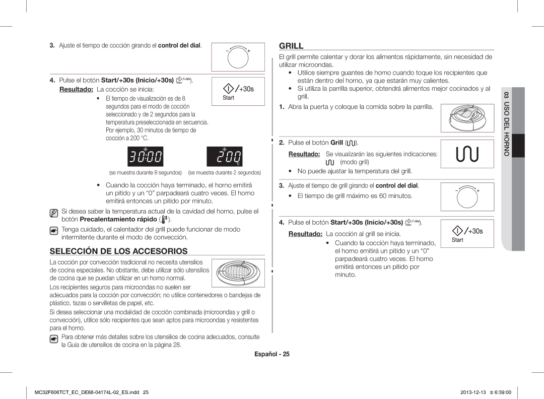 Samsung MC32F606TCT/EC manual Selección DE LOS Accesorios, Grill, Ajuste el tiempo de cocción girando el control del dial 