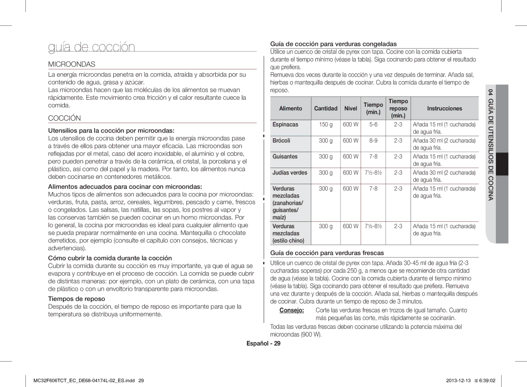 Samsung MC32F606TCT/EC manual Guía de cocción, Microondas, Cocción 