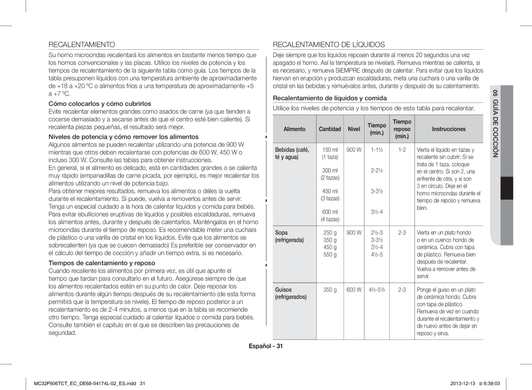 Samsung MC32F606TCT/EC manual Recalentamiento DE Líquidos, Niveles de potencia y cómo remover los alimentos 