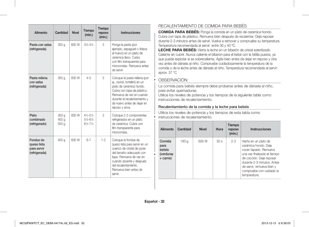 Samsung MC32F606TCT/EC manual Recalentamiento DE Comida Para Bebés, Observación 