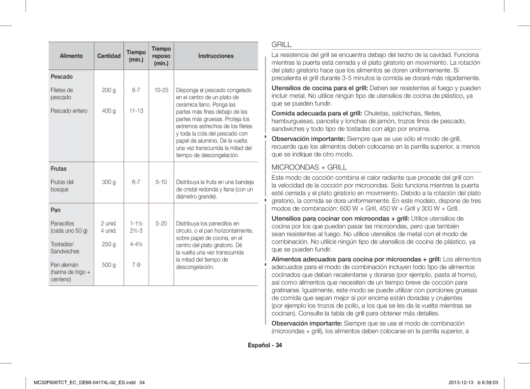 Samsung MC32F606TCT/EC manual Microondas + Grill 