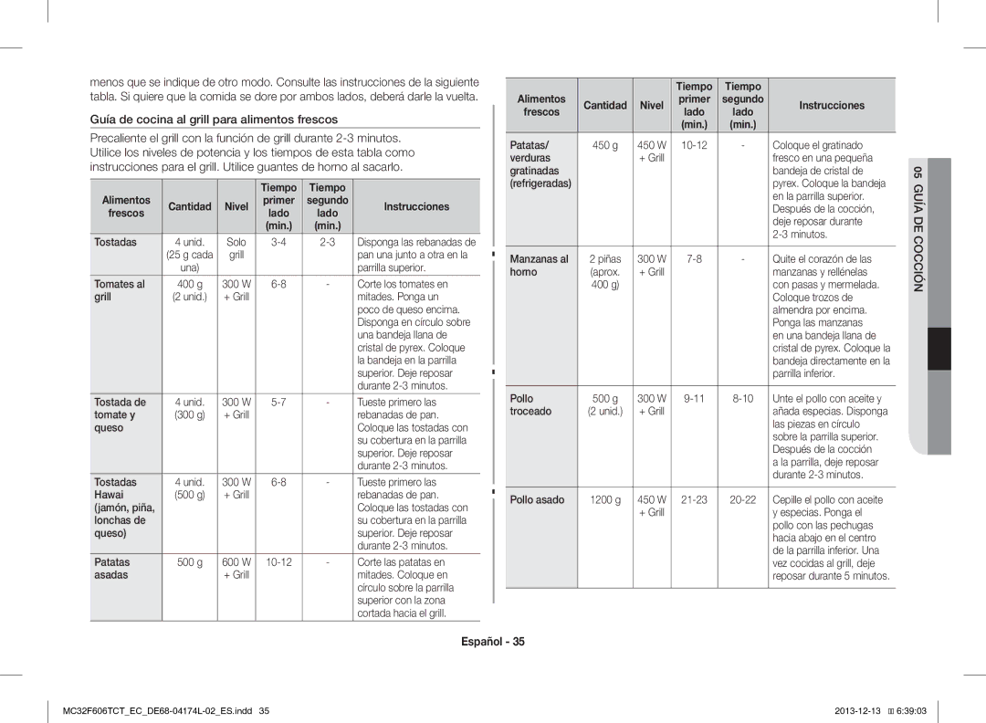 Samsung MC32F606TCT/EC manual Guía de cocina al grill para alimentos frescos, Tiempo Alimentos, Frescos 