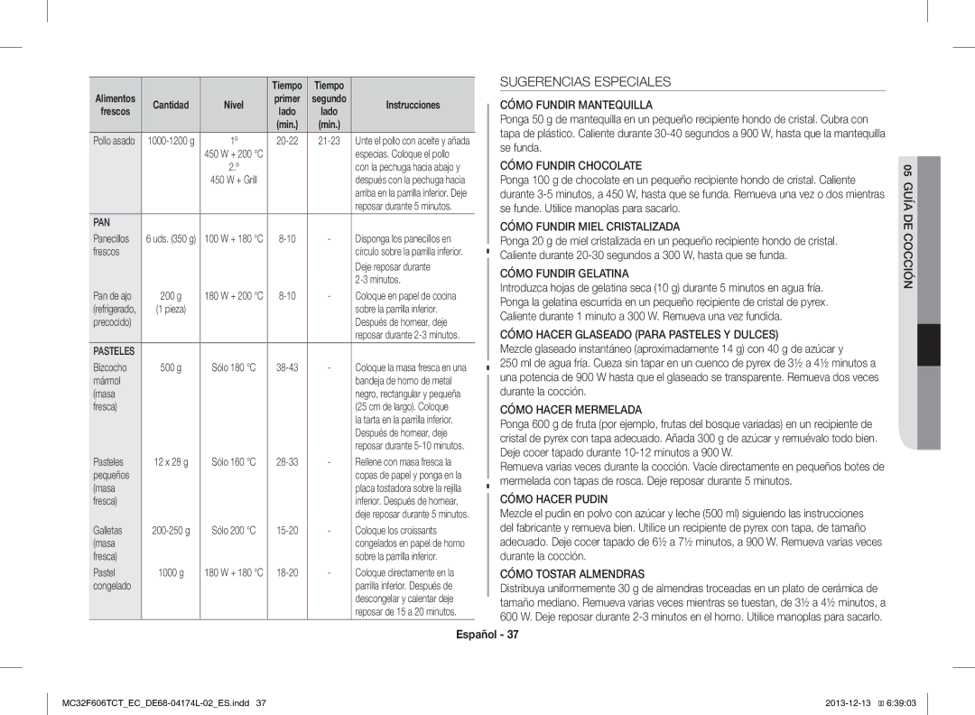 Samsung MC32F606TCT/EC manual Sugerencias Especiales 