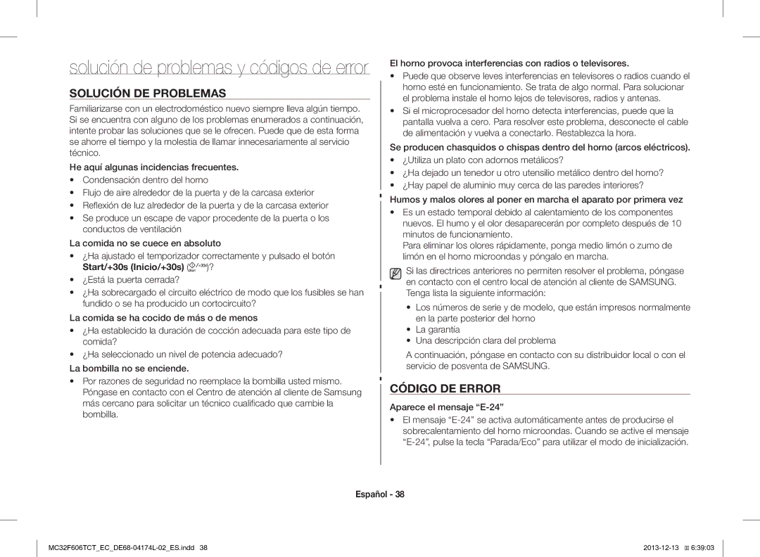 Samsung MC32F606TCT/EC manual Solución DE Problemas, Código DE Error, Aparece el mensaje E-24 