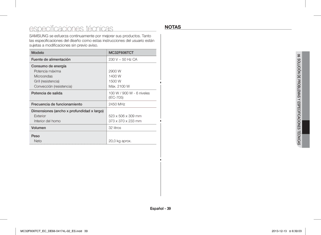 Samsung MC32F606TCT/EC manual Especificaciones técnicas, Notas, Diseño como Estas instrucciones del usuario están 