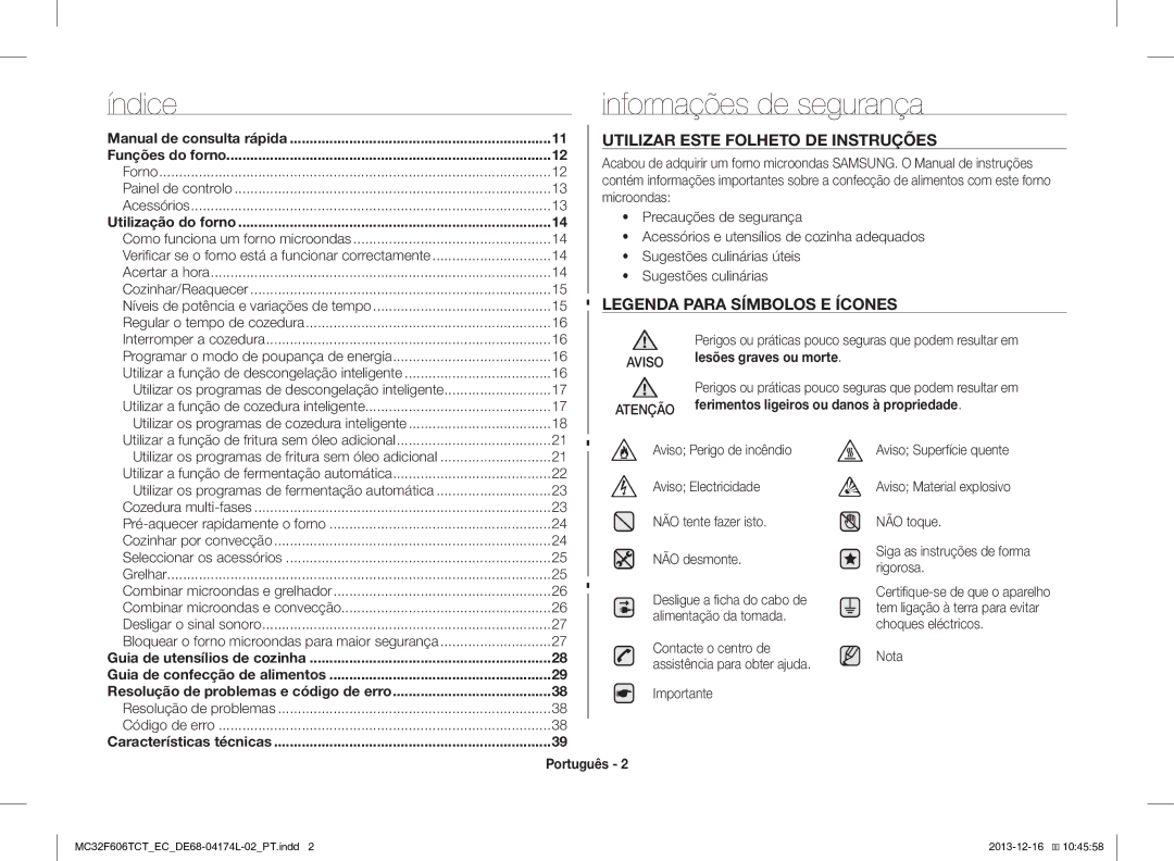 Samsung MC32F606TCT/EC manual Índice Informações de segurança, Utilizar Este Folheto DE Instruções 