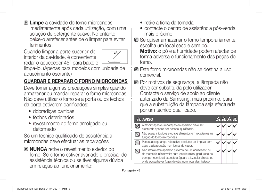 Samsung MC32F606TCT/EC Solução de detergente suave. No entanto Mais próximo, Ferimentos Escolha um local seco e sem pó 