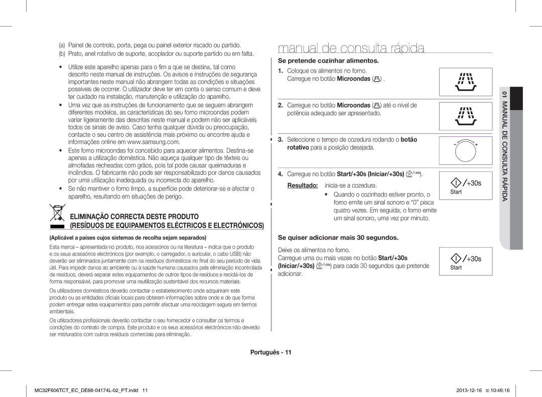 Samsung MC32F606TCT/EC manual Manual de consulta rápida, Eliminação Correcta Deste Produto, Se pretende cozinhar alimentos 