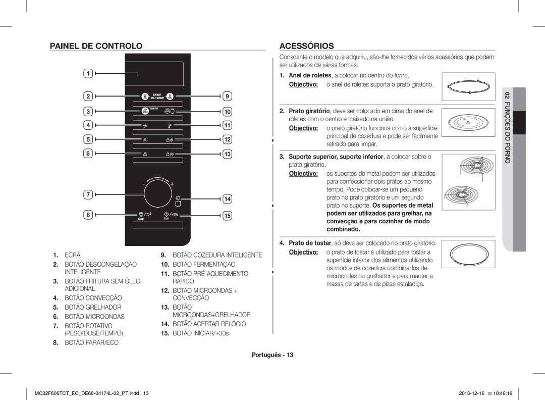 Samsung MC32F606TCT/EC manual Acessórios, Botão INICIAR/+30s, Objectivo os suportes de metal podem ser utilizados 