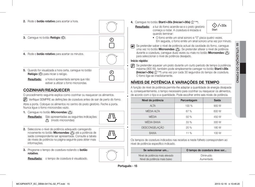 Samsung MC32F606TCT/EC manual Níveis DE Potência E Variações DE Tempo, Cozinhar/Reaquecer 