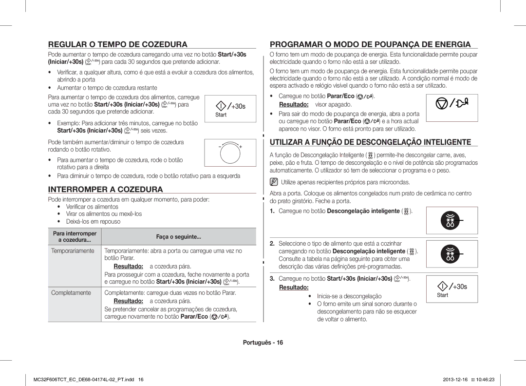 Samsung MC32F606TCT/EC manual Regular O Tempo DE Cozedura, Interromper a Cozedura, Programar O Modo DE Poupança DE Energia 