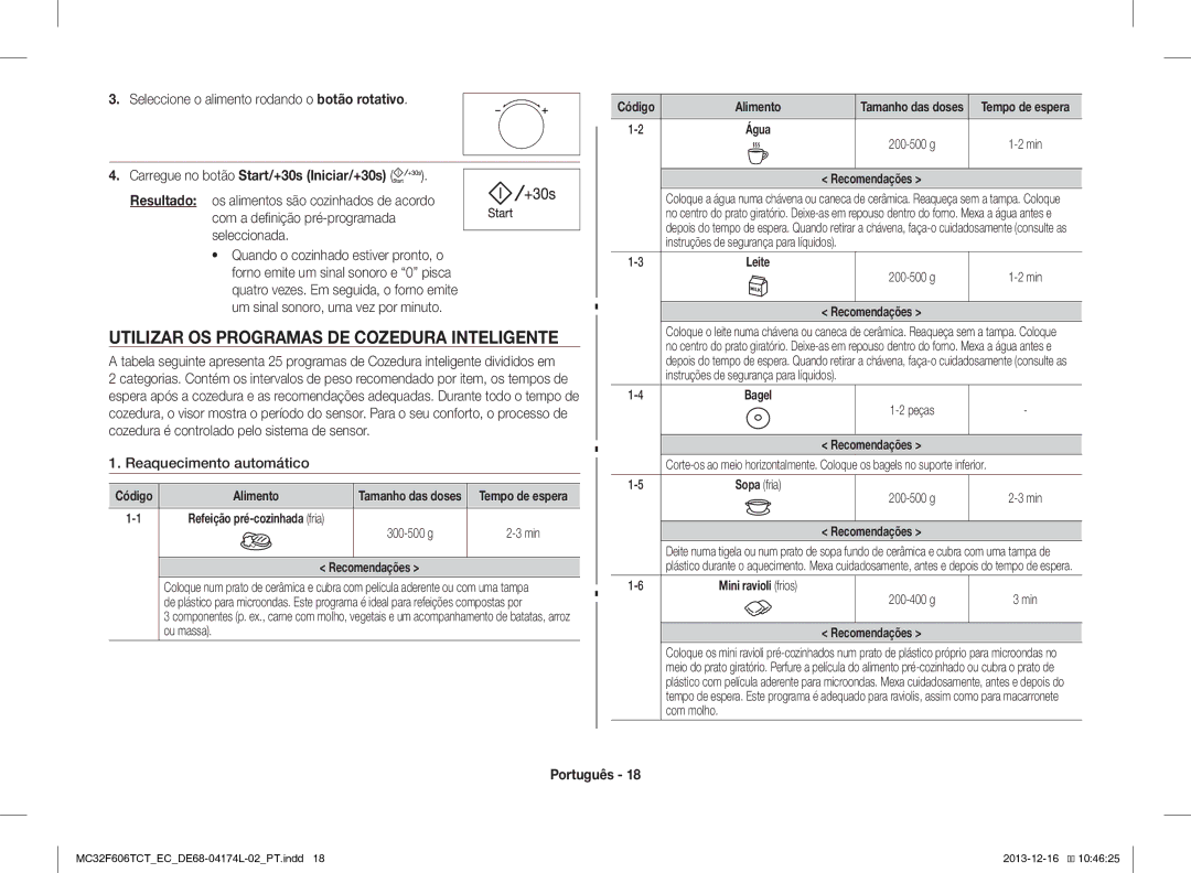 Samsung MC32F606TCT/EC manual Utilizar OS Programas DE Cozedura Inteligente, Seleccione o alimento rodando o botão rotativo 