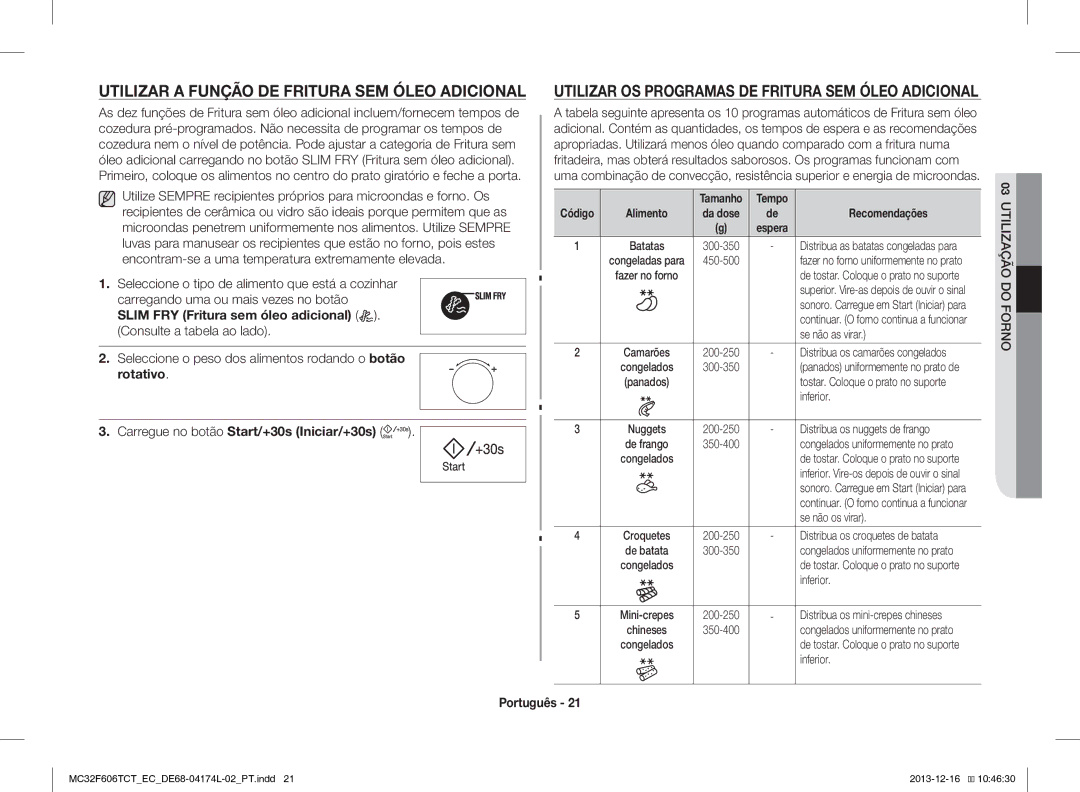 Samsung MC32F606TCT/EC manual Utilizar a Função DE Fritura SEM Óleo Adicional, Espera 