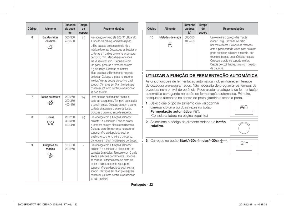 Samsung MC32F606TCT/EC manual Utilizar a Função DE Fermentação Automática, Seleccione o tipo de alimento que vai cozinhar 