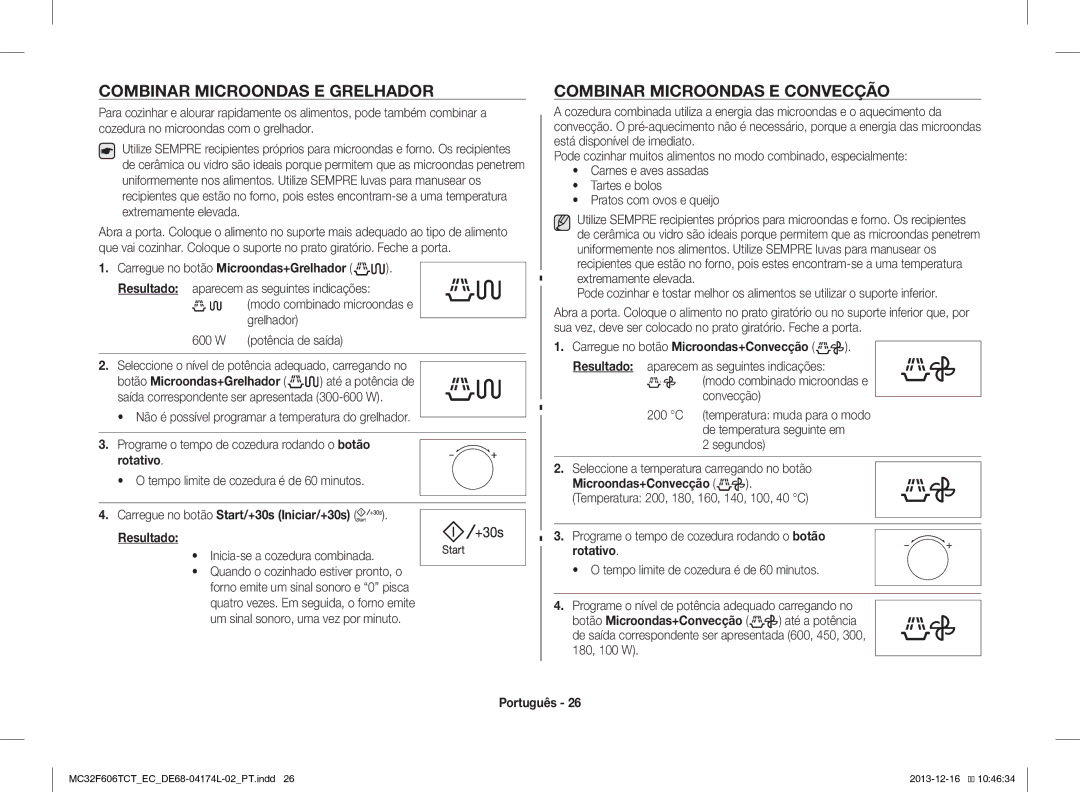 Samsung MC32F606TCT/EC manual Combinar Microondas E Grelhador, Combinar Microondas E Convecção 