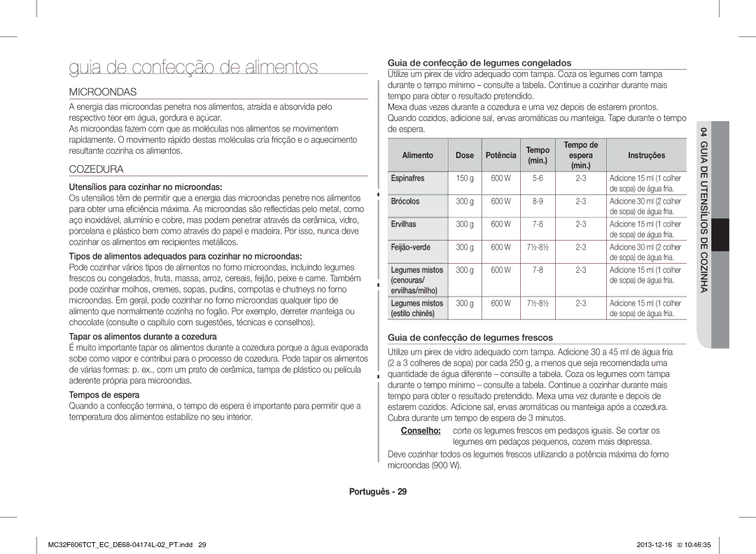 Samsung MC32F606TCT/EC manual Guia de confecção de alimentos, Cozedura 