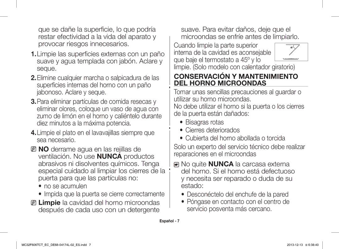 Samsung MC32F606TCT/EC manual Conservación Y Mantenimiento DEL Horno Microondas 