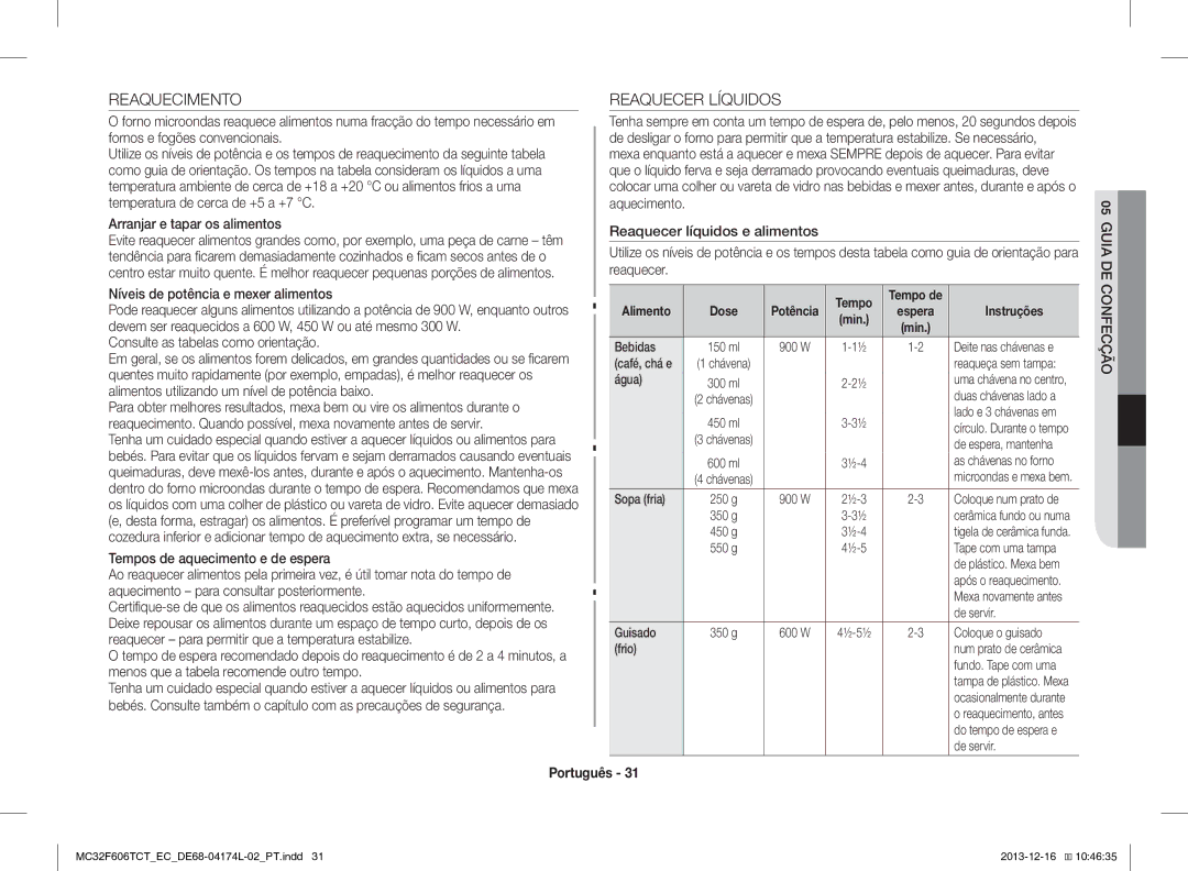 Samsung MC32F606TCT/EC manual Reaquecimento, Reaquecer Líquidos, Arranjar e tapar os alimentos 